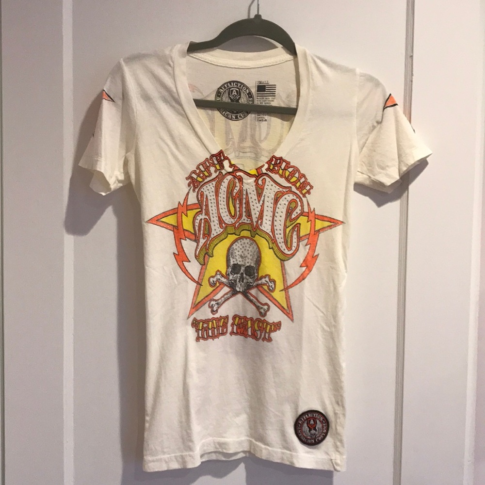 Affliction vneck tee with crystal detailing.